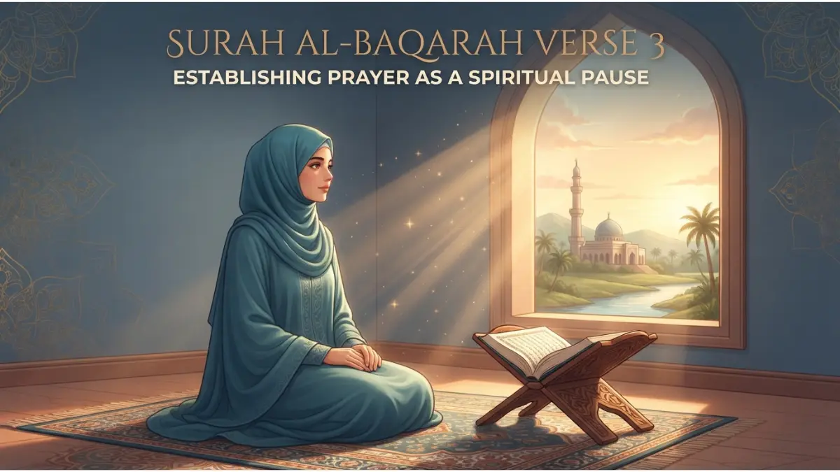 A serene Muslim woman meditating by a sunlit window with an open Quran, exploring prayer as a spiritual pause.