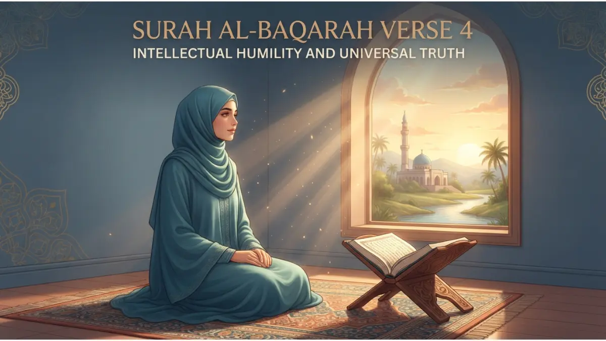 A serene Muslim woman meditating by a sunlit window with an open Quran, exploring intellectual humility and universal truth.
