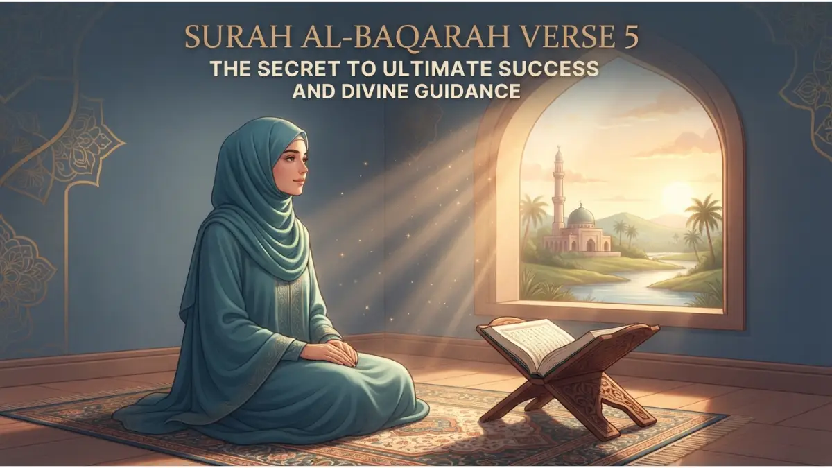 Surah Al-Baqarah Verse 5: The Secret to Ultimate Success and Divine Guidance 2 A serene Muslim woman meditating by a sunlit window with an open Quran, exploring divine guidance and ultimate success.