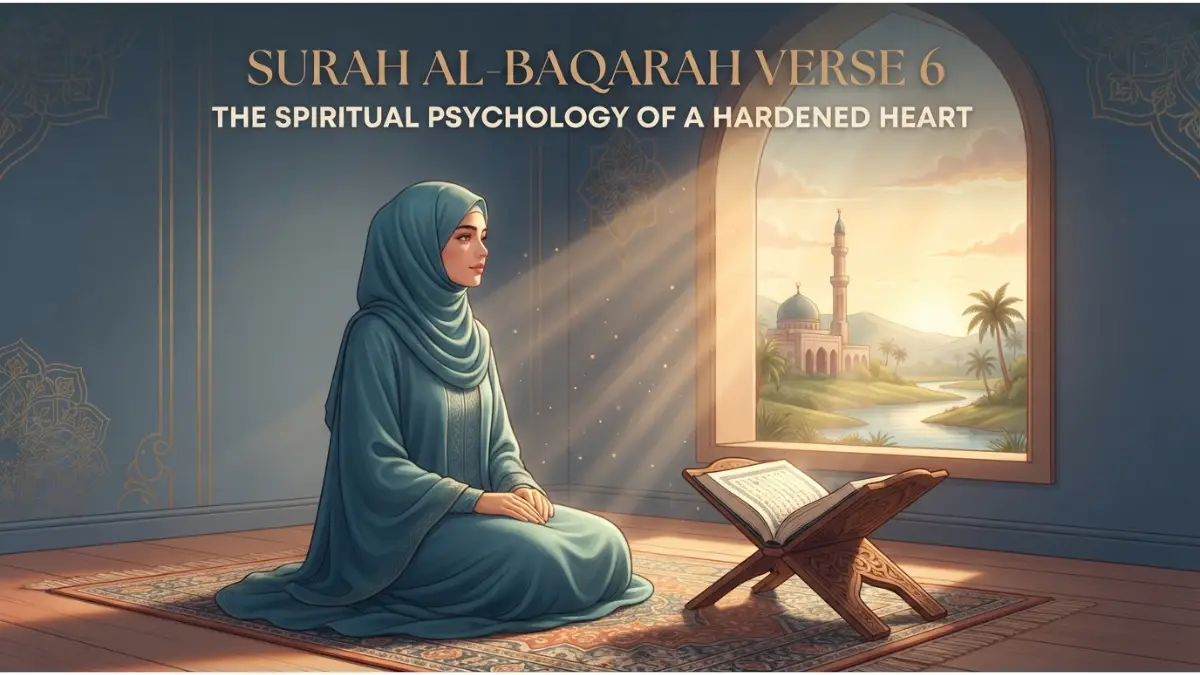 A serene Muslim woman meditating by a sunlit window with an open Quran, exploring the psychology of a hardened heart.