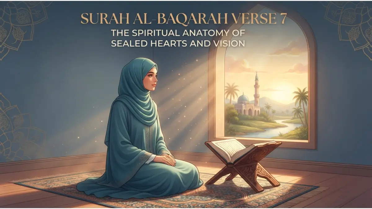 A serene Muslim woman meditating by a sunlit window with an open Quran, exploring the concept of sealed hearts and vision.