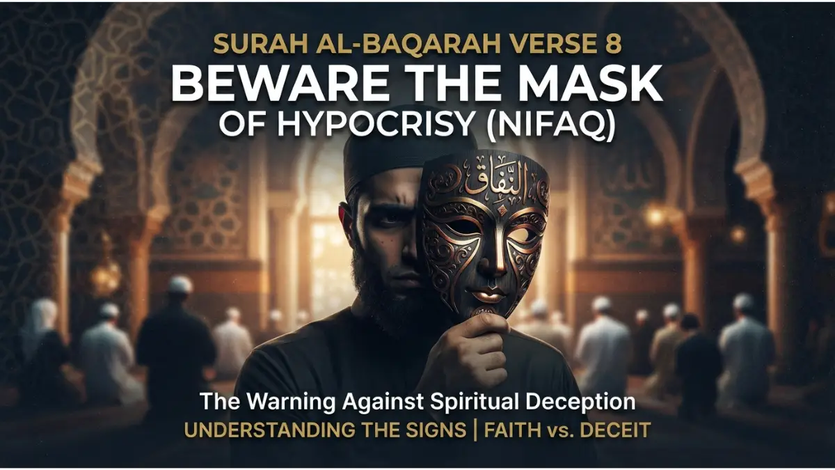Surah Al-Baqarah Verse 8: Beware the Mask of Hypocrisy (Nifaq) 2 A modern Islamic pin image featuring a man holding a decorated mask, illustrating Surah Al-Baqarah Verse 8 on hypocrisy.