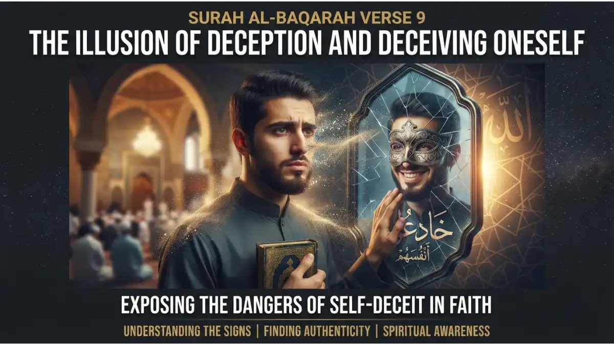 A modern Islamic pin image showing a man looking at a cracked mirror reflecting a masked illusion, illustrating Surah Al-Baqarah 9.