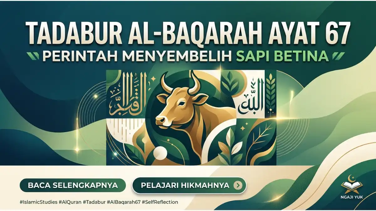 Banner tadabur Al-Baqarah ayat 67 tentang perintah menyembelih sapi betina bernuansa hijau modern.