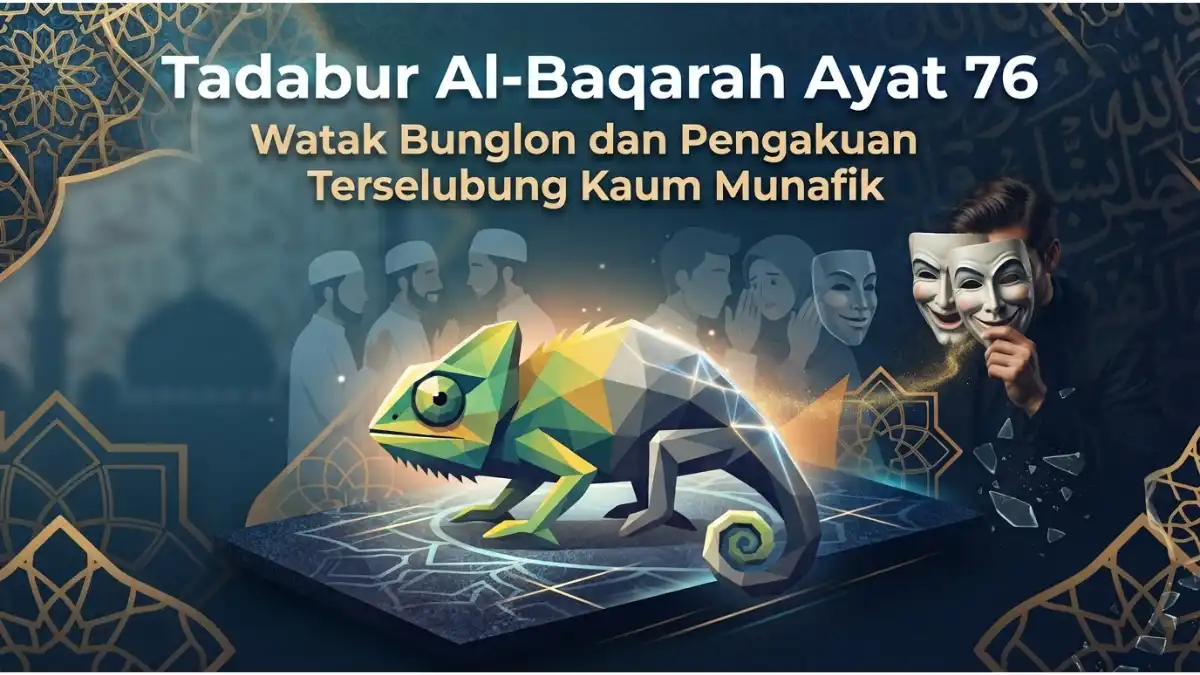 Ilustrasi modern bunglon dan topeng ganda melambangkan watak kaum munafik dalam Tadabur Al-Baqarah ayat 76.