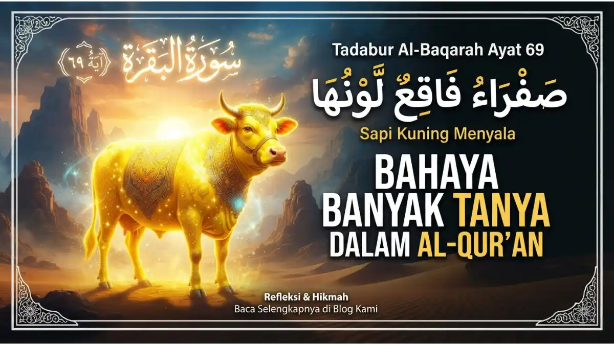 Ilustrasi sapi kuning menyala dalam tadabur Al-Baqarah ayat 69 tentang bahaya banyak tanya.