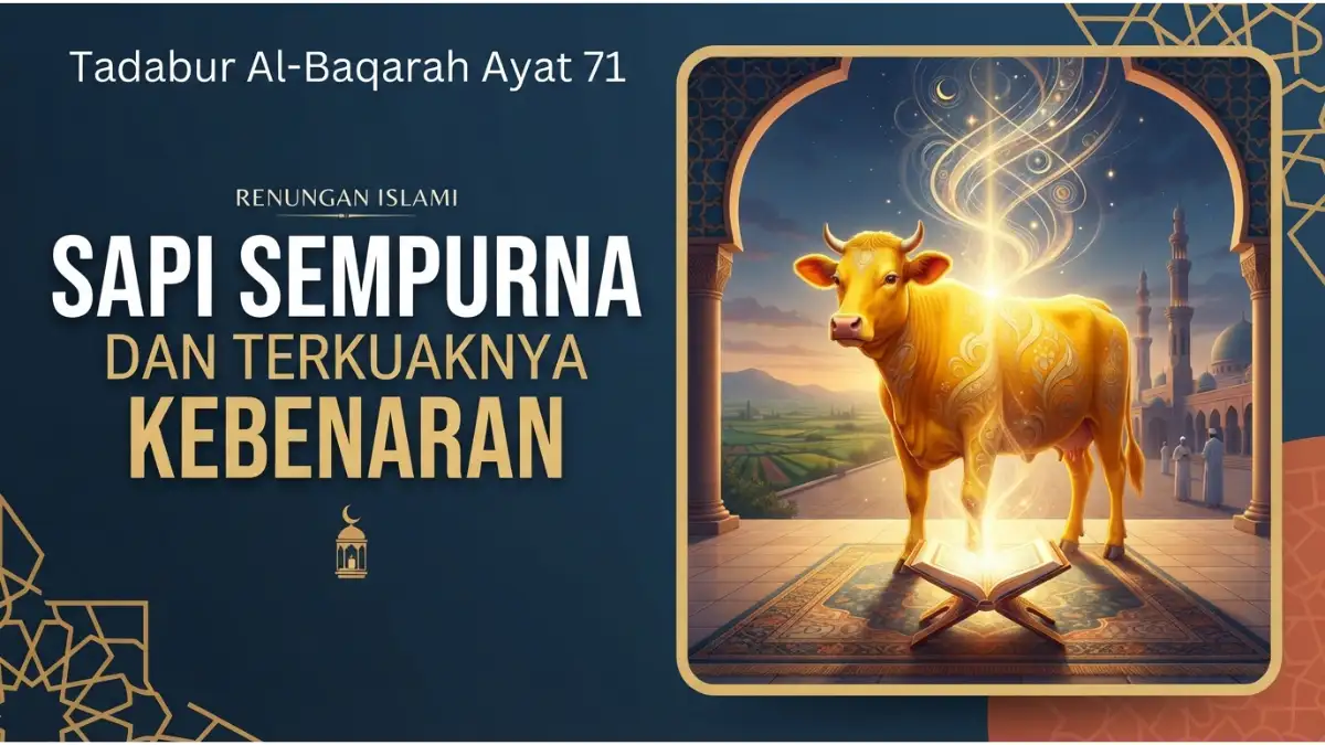 Ilustrasi modern tadabur Al-Baqarah ayat 71 tentang kisah sapi betina sempurna dan terkuaknya kebenaran.