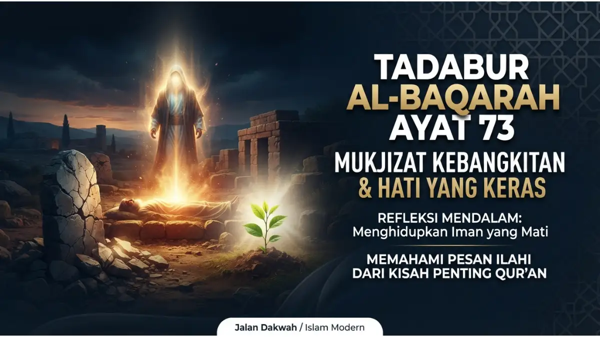 Ilustrasi modern tadabur Al-Baqarah ayat 73 tentang mukjizat kebangkitan dan refleksi hati yang keras tanpa teks Arab.