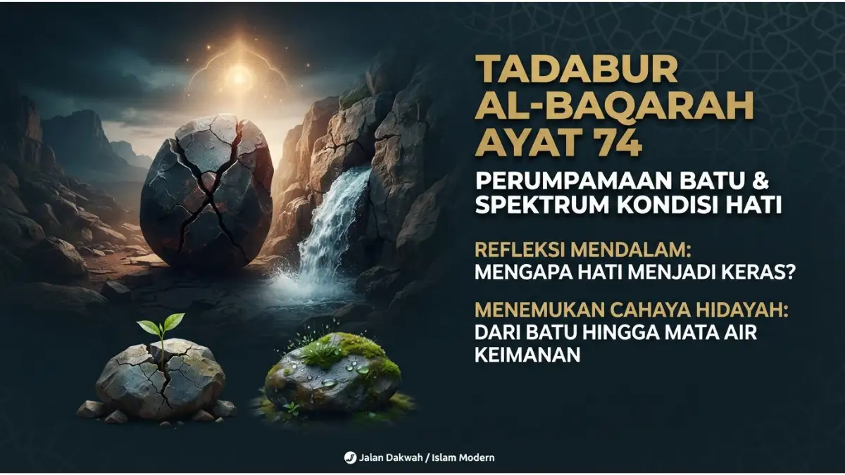 Ilustrasi modern tadabur Al-Baqarah ayat 74 tentang perumpamaan batu dan spektrum kondisi hati tanpa teks Arab.