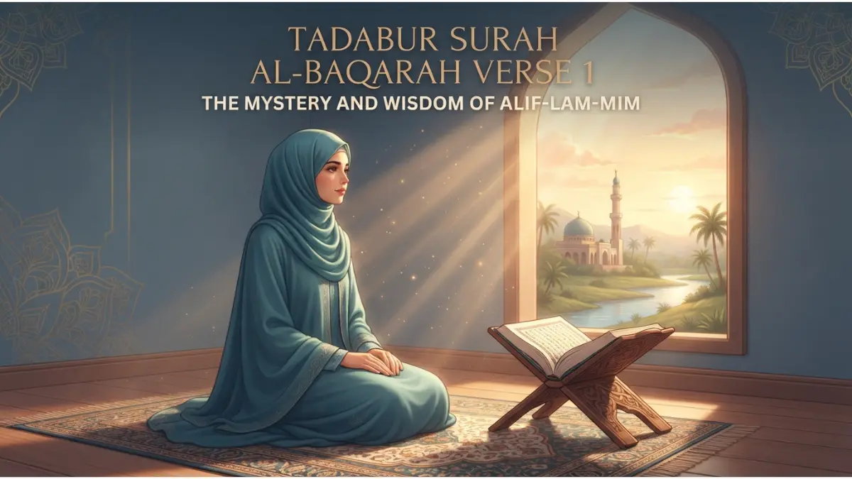 Surah Al-Baqarah Verse 1: The Mystery and Wisdom of Alif-Lam-Mim 2 A serene Muslim woman meditating by a sunlit window with an open Quran, exploring the meaning of Alif-Lam-Mim.
