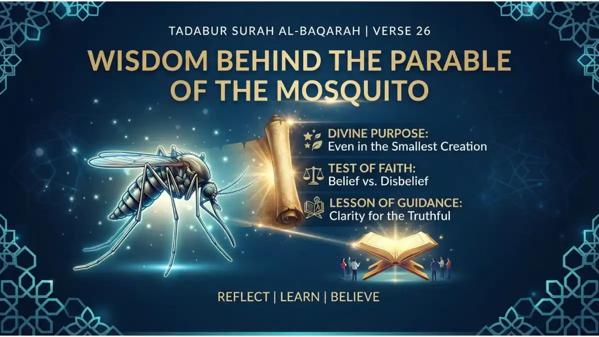 Modern infographic pin image illustrating Surah Al-Baqarah verse 26 about the parable of the mosquito and divine wisdom.