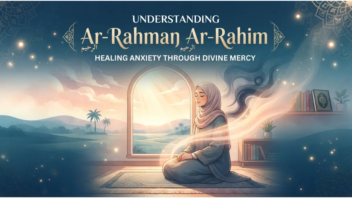 A serene Muslim woman meditating near a window, experiencing peace and divine healing through Ar-Rahman Ar-Rahim.