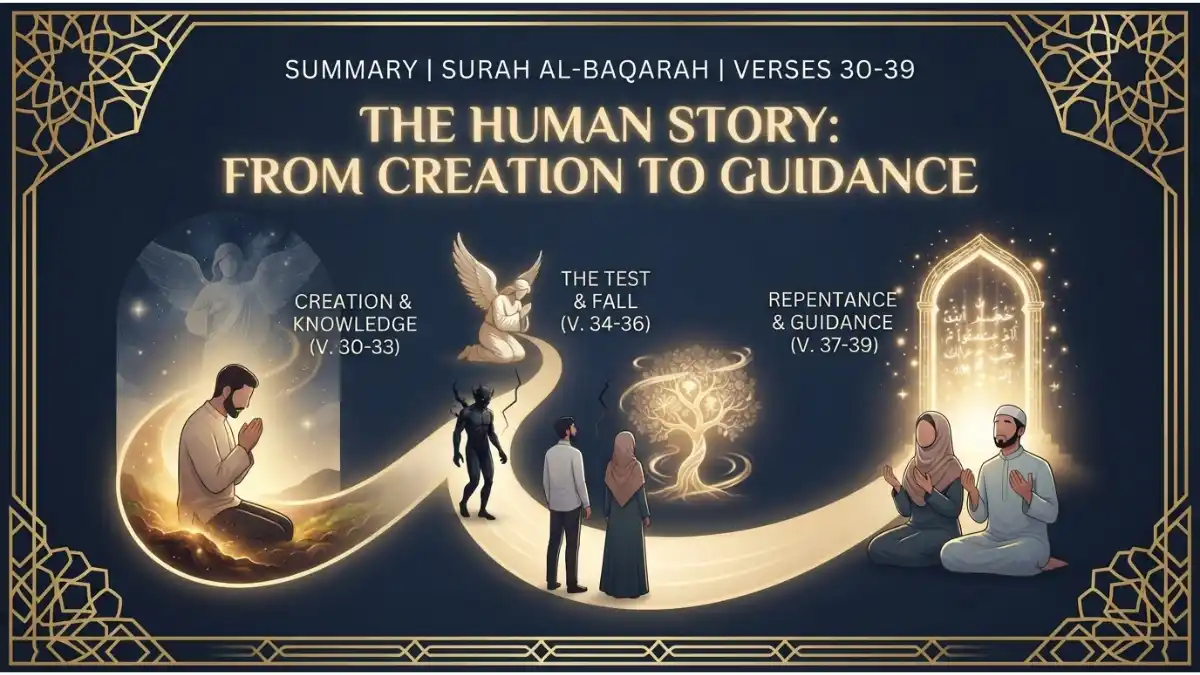 Modern Islamic pin image summarizing the story of humanity from creation to guidance as told in summary of Surah Al-Baqarah verses 30-39.
