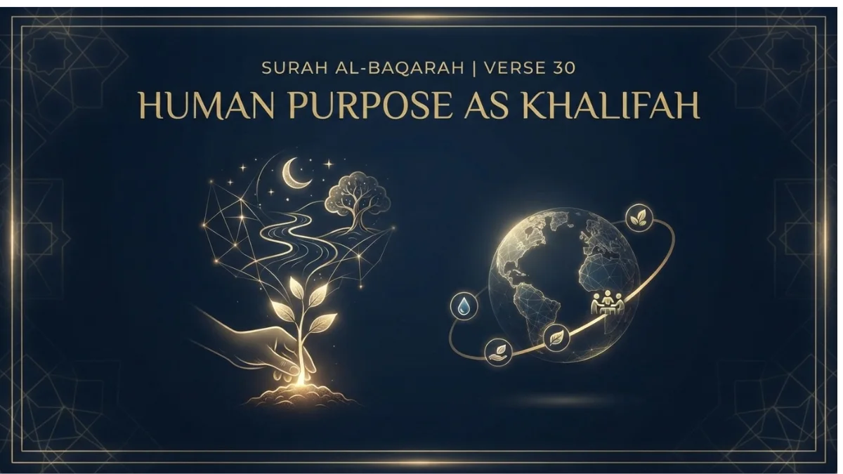 Modern Islamic pin image illustrating Surah Al-Baqarah verse 30 about human purpose as vicegerent Khalifah.