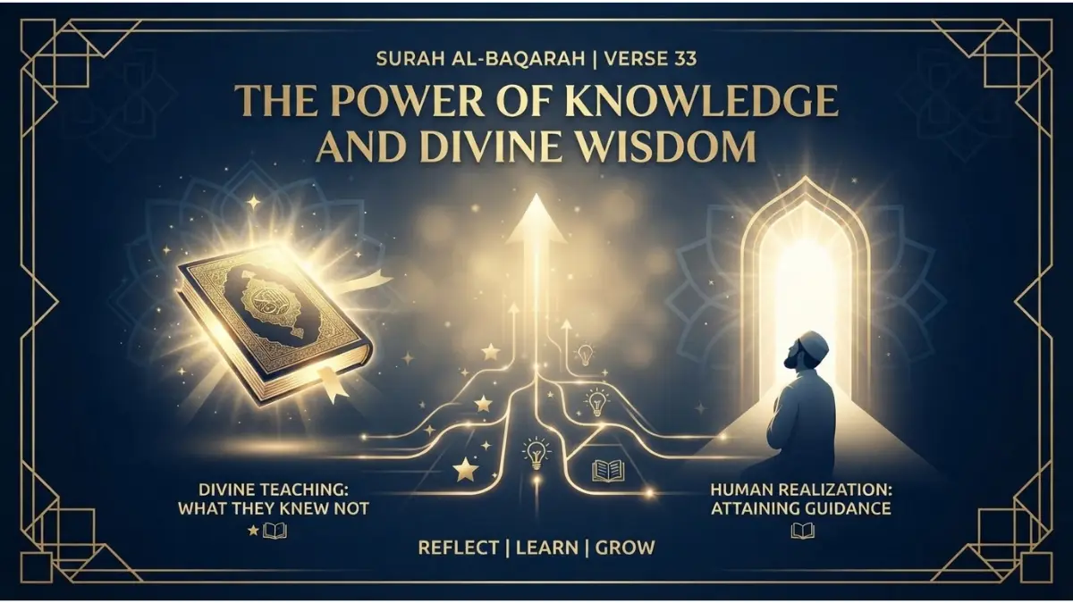 Modern Islamic pin image illustrating Surah Al-Baqarah verse 32 about the humility and submission of the angels.