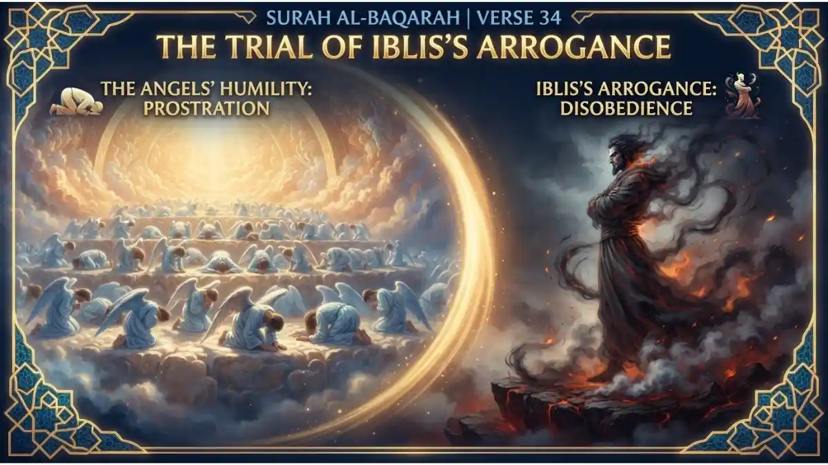Surah Al-Baqarah Verse 34 Reflection: The Trial of Iblis's Arrogance 2 Modern Islamic pin image illustrating Surah Al-Baqarah verse 34 about the angels' prostration and Iblis's arrogance.
