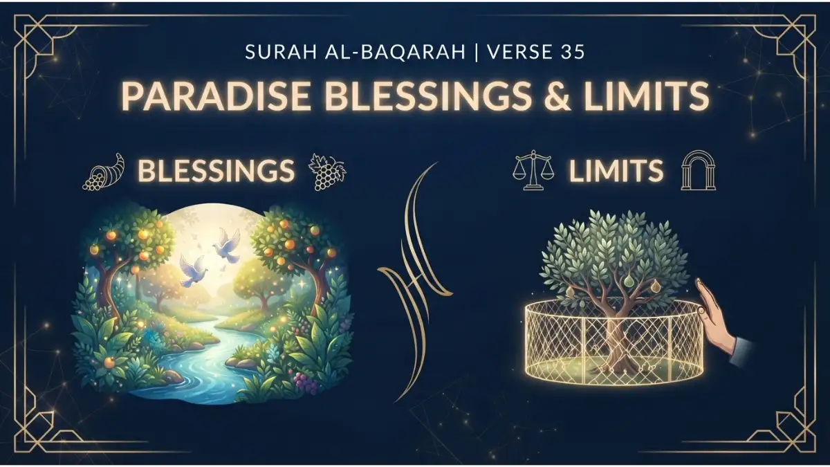 Modern Islamic pin image illustrating Surah Al-Baqarah verse 35 about paradise blessings and divine limits.