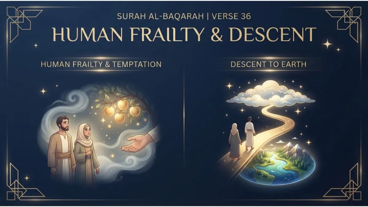 Modern Islamic pin image illustrating Surah Al-Baqarah verse 36 about human frailty, temptation, and descent to earth.