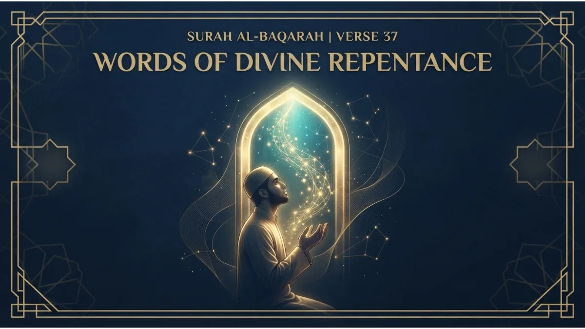 Modern Islamic pin image illustrating Surah Al-Baqarah verse 37 about the words of divine repentance and forgiveness.