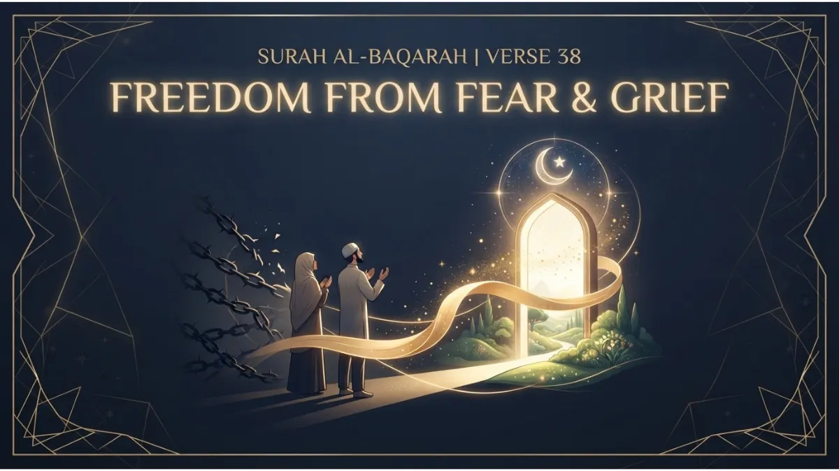 Modern Islamic pin image illustrating Surah Al-Baqarah verse 38 about divine guidance and freedom from fear and grief.