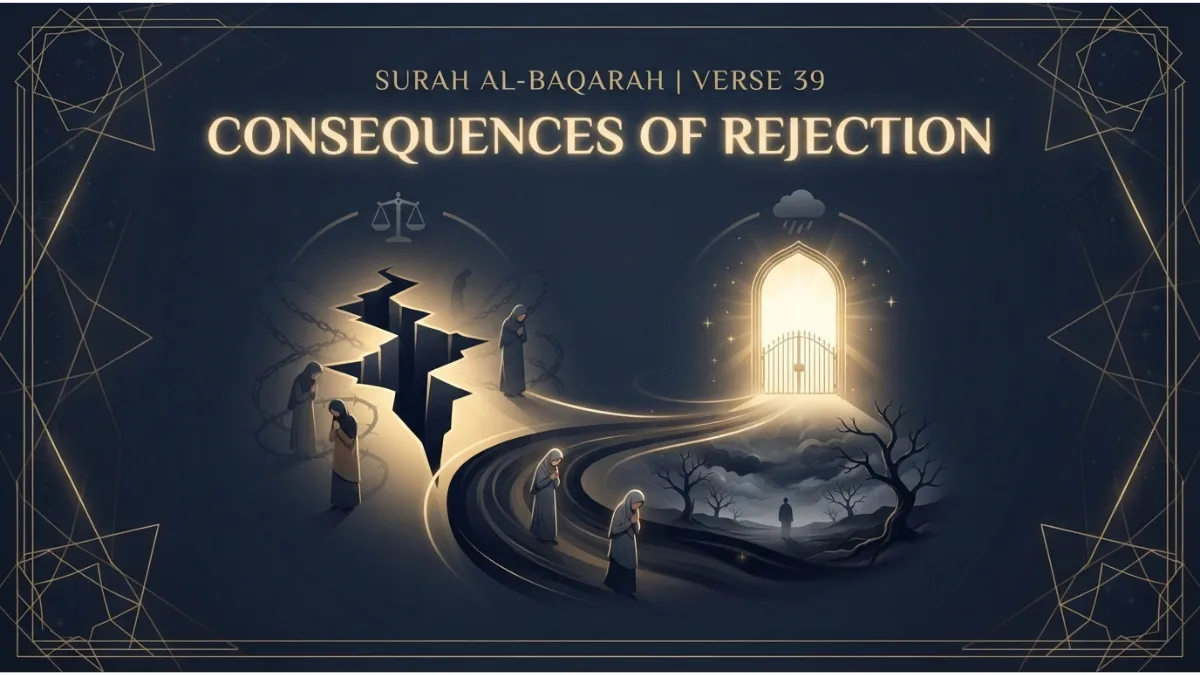 Modern Islamic pin image illustrating Surah Al-Baqarah verse 39 about the consequences of rejecting divine guidance.