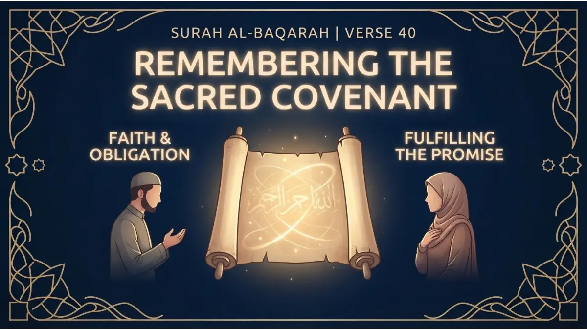 Modern Islamic pin image illustrating Surah Al-Baqarah verse 40 about remembering the sacred covenant and promises.