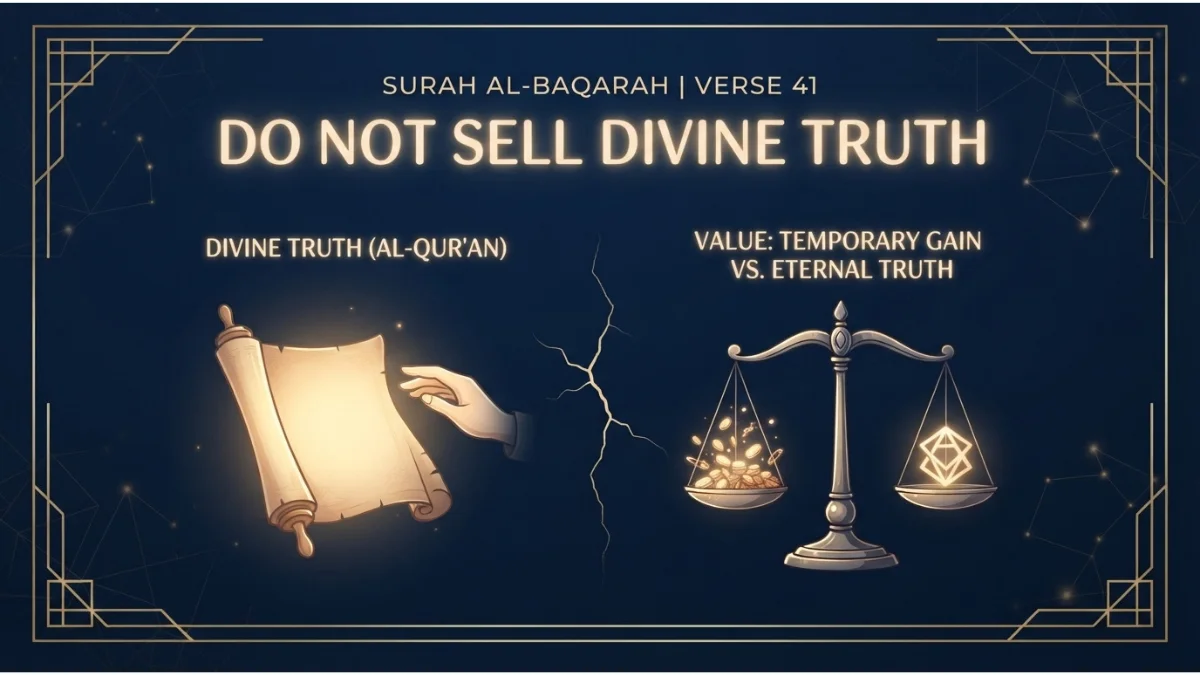 Modern Islamic pin image illustrating Surah Al-Baqarah verse 41 about not selling divine truth for temporary gains.