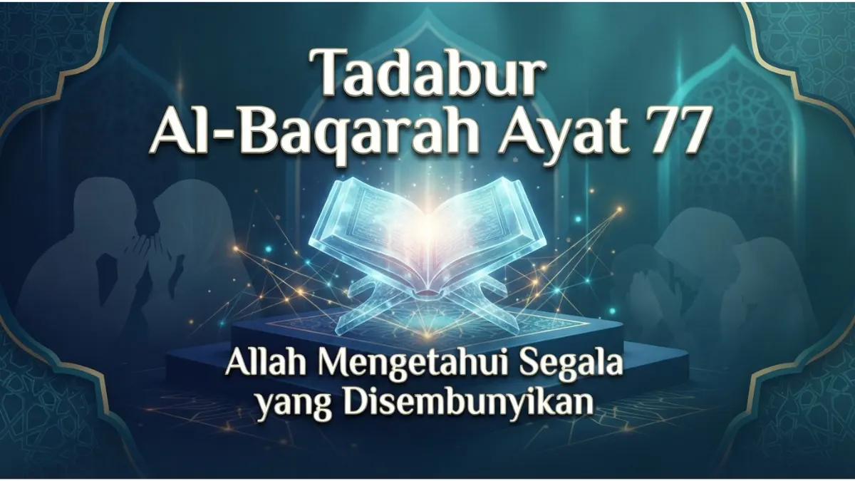 Ilustrasi Al-Qur'an bersinar melambangkan bahwa Allah mengetahui segala yang disembunyikan dalam Tadabur Al-Baqarah ayat 77.
