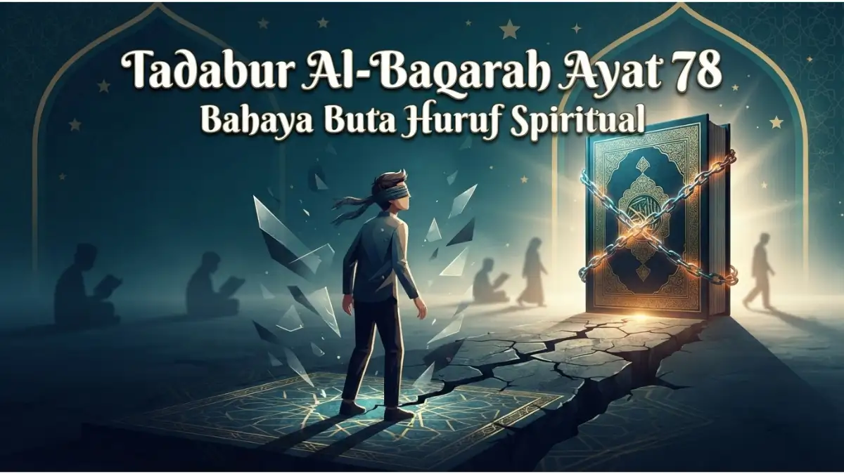 Ilustrasi modern seseorang tertutup matanya di depan kitab terkunci melambangkan buta huruf spiritual di Al-Baqarah 78.